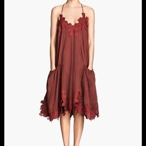Free People Burgundy Lace-Trim Spaghetti Strap Midi Dress